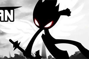 黒いシルエットのキャラクターが赤い目を持ち、剣を構えて翼を広げている。