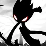 黒いシルエットのキャラクターが赤い目を持ち、剣を構えて翼を広げている。