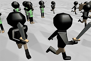 黒い頭と手足を持つキャラクターが剣や弓を持ってフィールドで走り回っている。