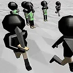 黒い頭と手足を持つキャラクターが剣や弓を持ってフィールドで走り回っている。