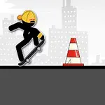 黒いシルエットのスケートボーダーが黄色の帽子をかぶり、道路上でスケボーをしている。