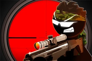 スコープを構えた軍服姿のキャラクターが、赤い照準を背景にしているイラスト。