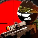 スコープを構えた軍服姿のキャラクターが、赤い照準を背景にしているイラスト。