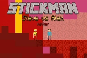 赤とピンクのブロック背景に「STICKMAN Steve vs Alex nether」の文字と二人のキャラクターが立っている画像。