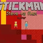 赤とピンクのブロック背景に「STICKMAN Steve vs Alex nether」の文字と二人のキャラクターが立っている画像。