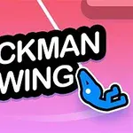 カラフルな背景に「STICKMAN SWING」と書かれた文字と、ロープでぶら下がる青いスティックマン。