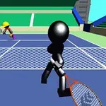 テニスコートでクレイアニメ風のキャラクターがラケットを持って対戦している様子。