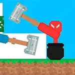 2人のキャラクターが、それぞれハンマーを持ち大鍋に入って対峙しているピクセルアートスタイルのイラスト。