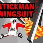 赤いウィングスーツを着たスティックマンが溶岩の谷間を飛んでいる様子。