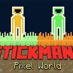 草地に立つオレンジと緑のスティックマンが描かれたピクセルアートスタイルのイメージ。