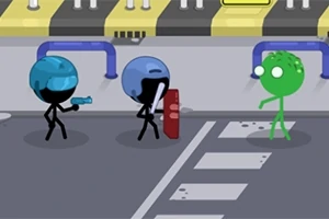 青いヘルメットをかぶった2人のキャラクターが、3つ目の目を持つ緑のキャラクターに向かって武器を構えているシーン。