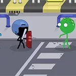 青いヘルメットをかぶった2人のキャラクターが、3つ目の目を持つ緑のキャラクターに向かって武器を構えているシーン。