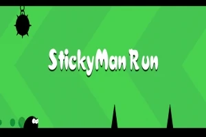 緑色の背景に「StickyMan Run」という白い文字が中央にあり、左下にキャラクターと右下に黒いトゲが描かれている。