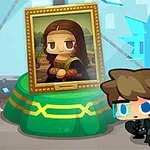 アニメ風のキャラクターがモナリザのパロディ絵画の前にガジェットを装備しているシーン。