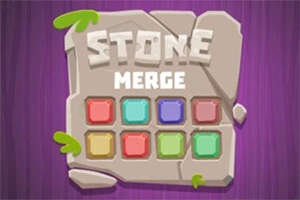 紫色の背景に、9つのカラフルなタイルと「STONE MERGE」という文字が刻まれた石板。