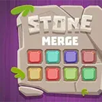 紫色の背景に、9つのカラフルなタイルと「STONE MERGE」という文字が刻まれた石板。