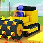 黄色いスパイク付きローラーが特徴の建設車両と紫色の人形が乗っている。