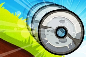草の上を転がる石の車輪が描かれているイラスト。