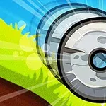 草の上を転がる石の車輪が描かれているイラスト。