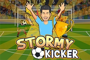 サッカーのフィールドでトロフィーを持ちガッツポーズをするキャラクターと大きな文字が配置されているイラスト。