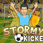 サッカーのフィールドでトロフィーを持ちガッツポーズをするキャラクターと大きな文字が配置されているイラスト。