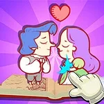 ピンクと紫の背景に、開いた本の上でハートが浮かぶ男女が向き合い、手にはクリックする白い手が描かれているイラスト。