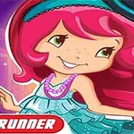 ピンクの髪に緑の目を持つ少女が、青いドレスとネックレスを身に着けて、明るい背景の前で微笑んでいる。