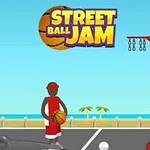 バスケットボール選手が屋外コートでシュートを狙っているシーン。