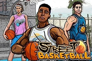 3人のバスケットボール選手が屋外コートでボールを持って立っているイラスト。
