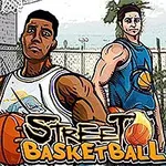 3人のバスケットボール選手が屋外コートでボールを持って立っているイラスト。