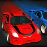 赤い車と青い車が並んで走っている。