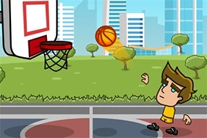 街の風景を背景にしたバスケットコートで、若い男の子がバスケットボールをシュートしています。
