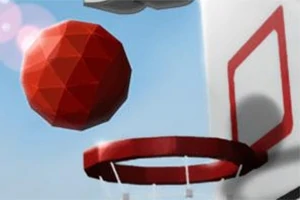 赤い多面体のボールがバスケットボールのリングに向かっているシーン。