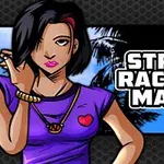 黒髪の女性が紫のシャツを着て立っている背景にヤシの木と「STREET RACING MANIA」という文字。