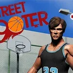 青空の下、バスケットボールのゴール前に立つバスケットユニフォームを着た男性と「STREET SHOOTER」の文字。