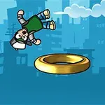 青空の下、都市のシルエットを背景に、キャップをかぶったキャラクターが空中で回転し、金色のリングの間を飛んでいる様子。