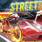 赤いスポーツカーが炎をまといながら都市の夜景を背景に疾走している。