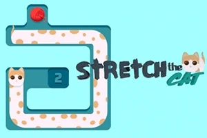 水色の背景に、猫を模した白と茶色のキャラクターと「STRETCH the CAT」のテキストが描かれたデザイン。
