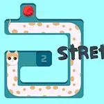 水色の背景に、猫を模した白と茶色のキャラクターと「STRETCH the CAT」のテキストが描かれたデザイン。