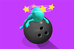 紫色の背景に、星が頭の周りを回っている水色のキャラクターが黒いボウリングボールの上に乗っている様子。