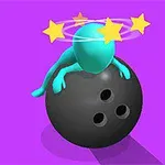 紫色の背景に、星が頭の周りを回っている水色のキャラクターが黒いボウリングボールの上に乗っている様子。