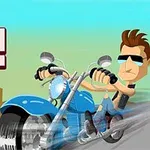 サングラスをかけたキャラクターがバイクに乗っているイラスト。