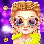大きな目のキャラクターが、カラフルなメガネとアクセサリーを身につけて微笑んでいる紫の背景。