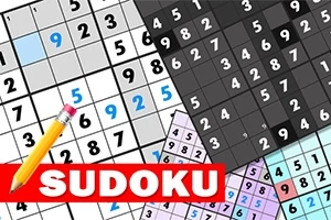 数字が並んだ複数の数独パズルと黄色の鉛筆、および「SUDOKU」という赤いラベル。