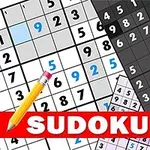 数字が並んだ複数の数独パズルと黄色の鉛筆、および「SUDOKU」という赤いラベル。