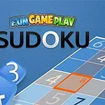 青い背景に「FUN GAMEPLAY SUDOKU」の文字と数字が並ぶパズルの一部が表示されています。