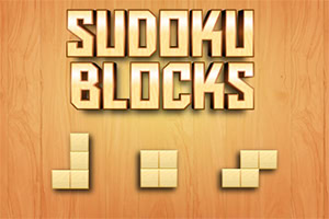 木目調の背景に「SUDOKU BLOCKS」というテキストと3つの異なる形のブロック。