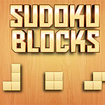 木目調の背景に「SUDOKU BLOCKS」というテキストと3つの異なる形のブロック。