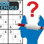 数独パズルと青い人の横顔に鉛筆と赤いクエスチョンマーク。