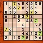 オレンジ色の背景に、数独のグリッドが表示されており、いくつかの数字が強調表示され、右側に数ボタンがあります。